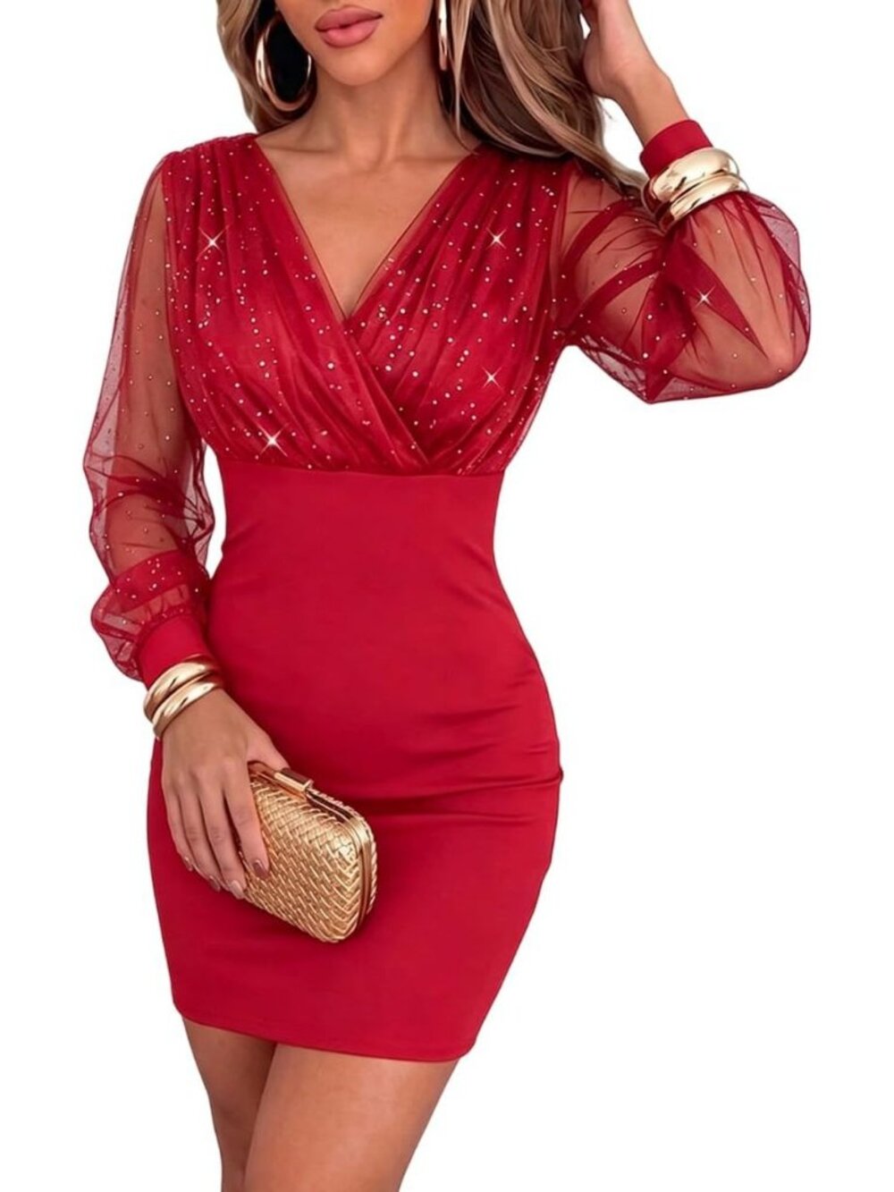 Women's Red Glitter V-Neck Slim Fit Sleeve Zipper Back Cocktail Mini Dress